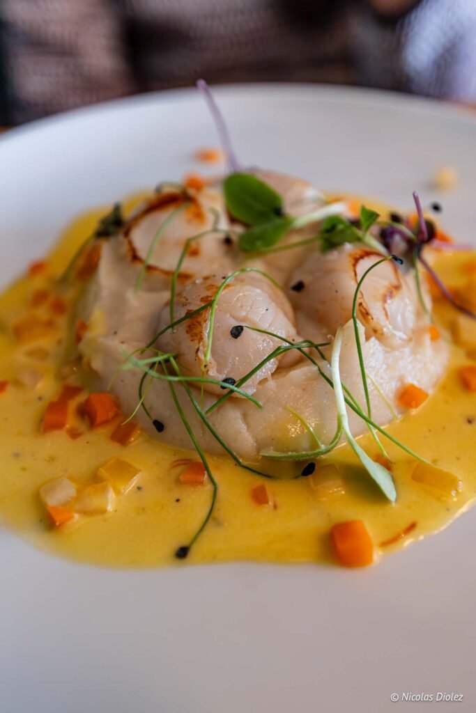 Capesante su purè, salsa gialla e dadini di verdure da La Ferrandaise.