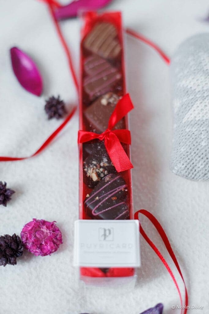 Boîte de chocolats Puyricard Saint-Valentin avec ruban rouge et décorations florales.