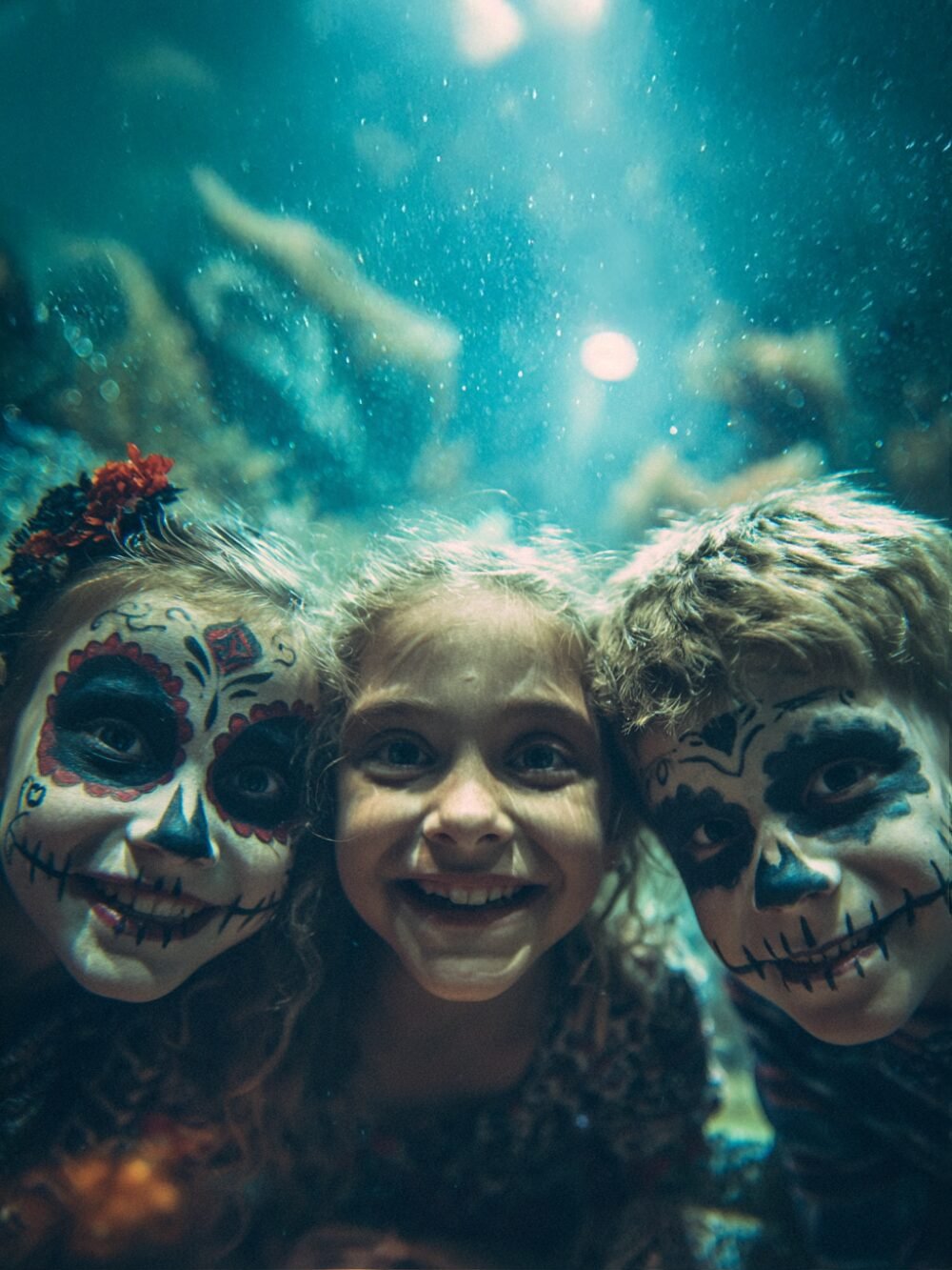 Smiling children with skull makeup for Halloween underwater.