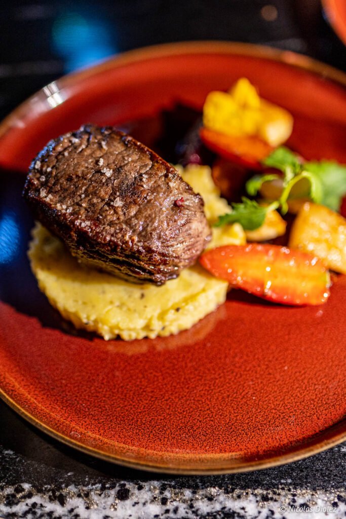 Pezzo di carne alla griglia su purè, con verdure arrosto.
