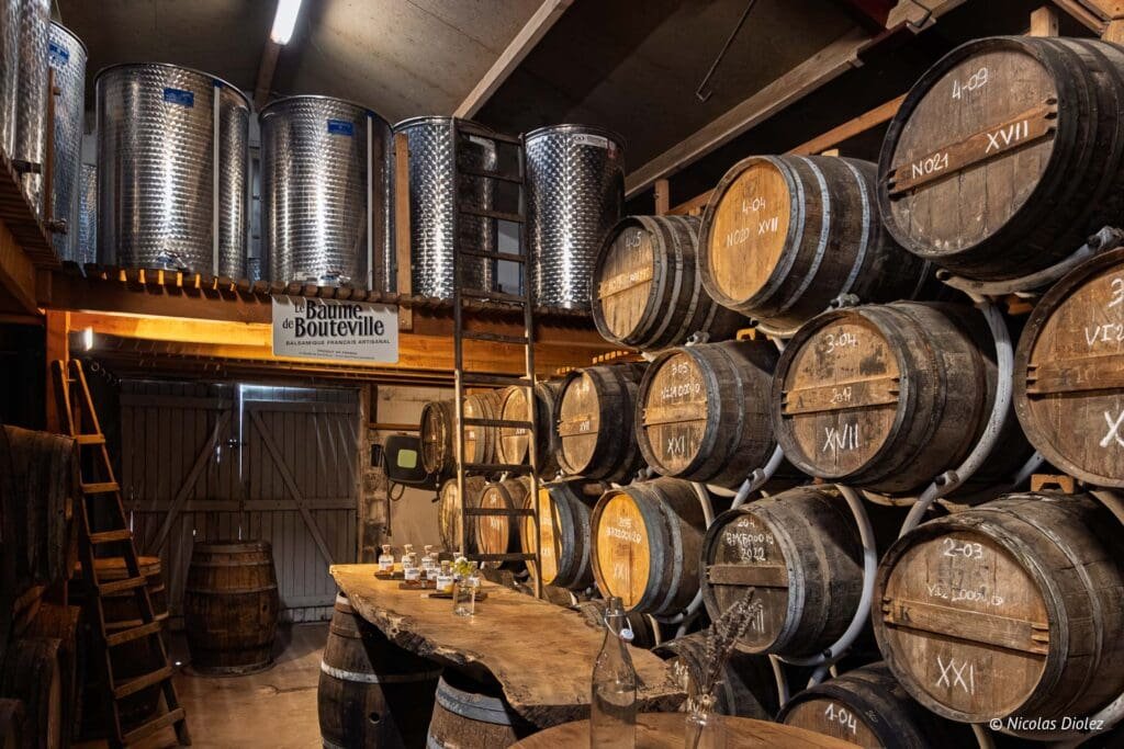 Chais de vieillissement avec fûts de bois et cuves inox de La Compagnie de Bouteville.