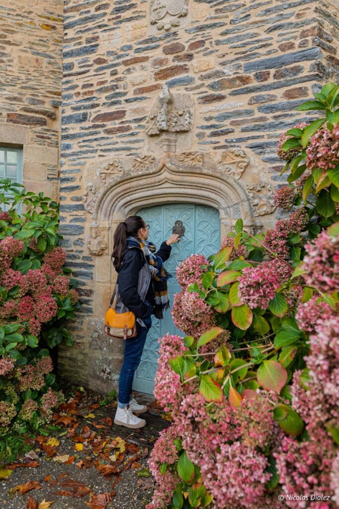 Femme sonnant à la porte ornementée d'un château breton entourée d'hortensias.