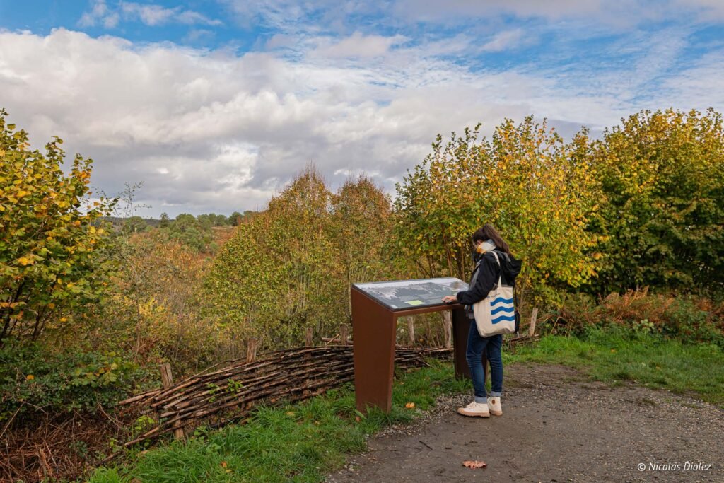 Femme regardant un panneau d'information près de Rochefort-en-Terre en automne.