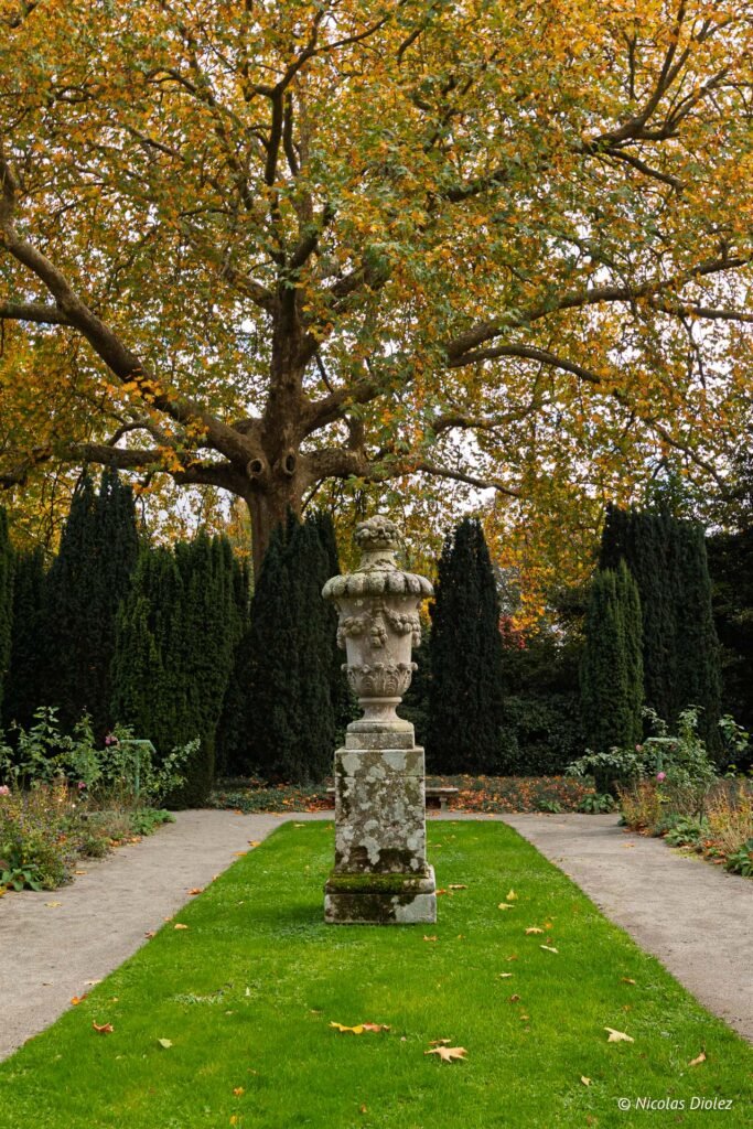 Urne décorative sur pelouse devant un grand arbre aux feuilles d'automne au Château de Josselin.
