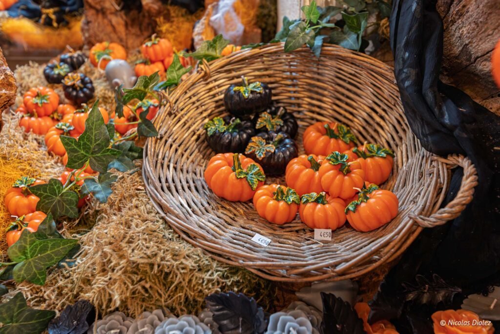 Citrouilles décoratives oranges et noires dans un panier en osier, décoration Halloween Rochefort-en-Terre.