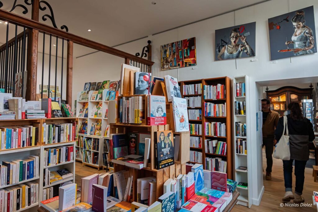 Intérieur librairie à Rochefort-en-Terre avec étagères, livres et peintures murales.