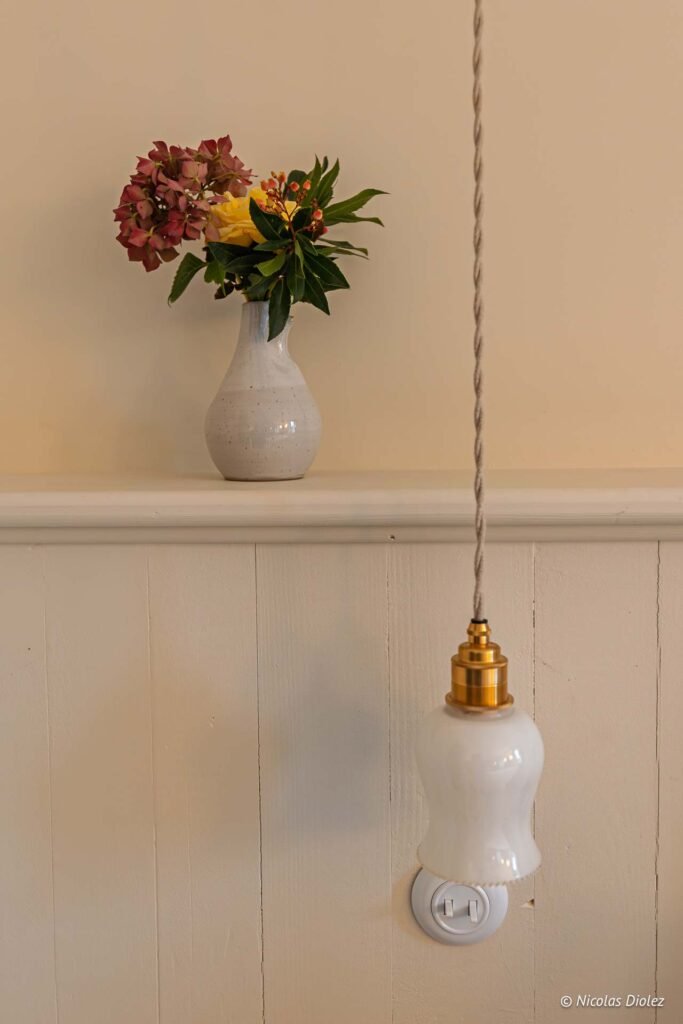 Vase de fleurs sur étagère et suspension luminaire blanc style ancien.