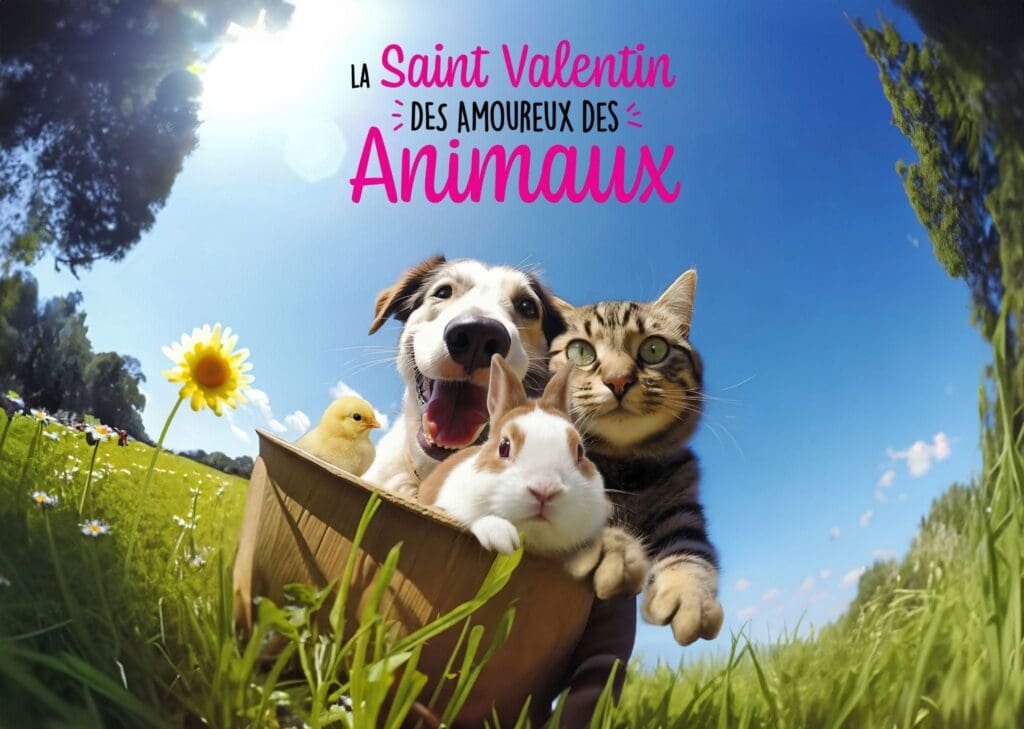 La Saint Valentin des amoureux des animaux: chien, chat, lapin, poussin.
