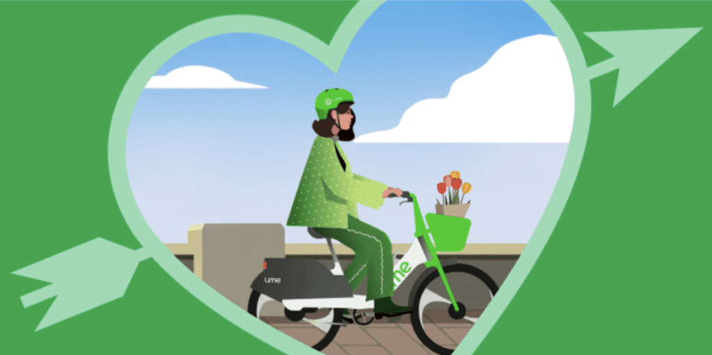 Femme sur vélo Lime avec fleurs, cadre cœur et flèche Saint-Valentin.