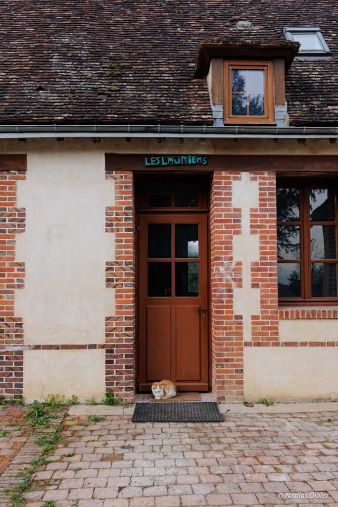 Entrée "Les Lauriers" avec chat roux et blanc sur paillasson, Château de la Rivière.