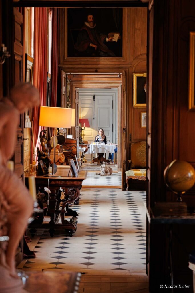 Brunch dans un intérieur boisé du Château de la Rivière avec une femme et un chien.