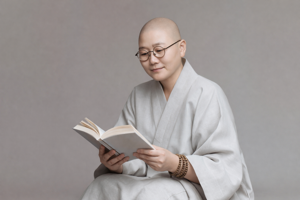 Portrait de la vénérable Ju Seok, nonne bouddhiste coréenne, lisant un livre pour la Journée internationale des droits des femmes.