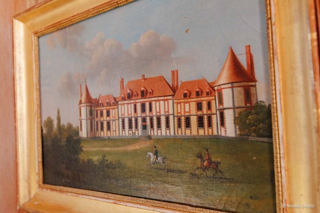 Peinture ancienne du Château de la Rivière avec cavaliers dans le parc.