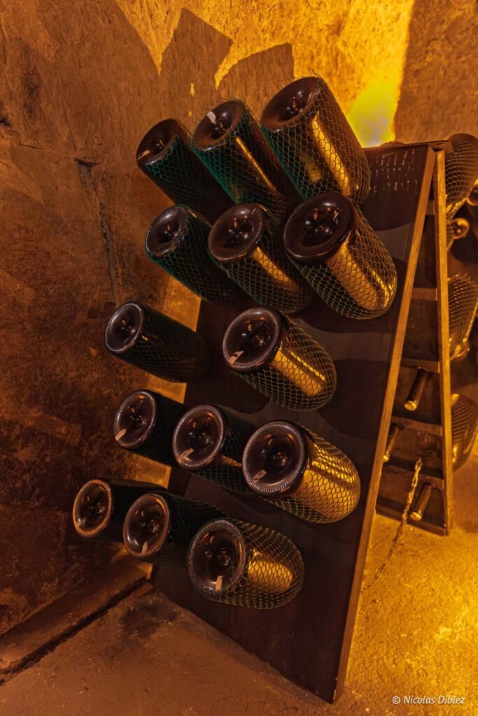 Bouteilles de champagne vieillissant sur pupitre dans les caves de la maison Joseph Perrier à Châlons-en-Champagne.
