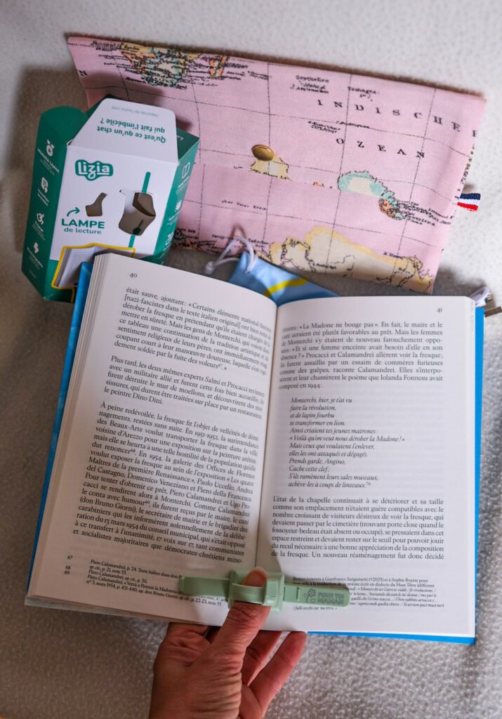 Lampe de lecture Lizia utilisée pour lire un livre ouvert, posée près d'une pochette à motif carte du monde.