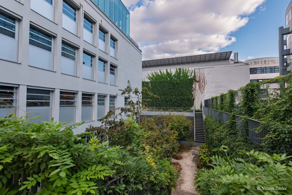 Jardin paysager et bâtiment moderne Alain Milliat x Laia Voltaire à Paris.