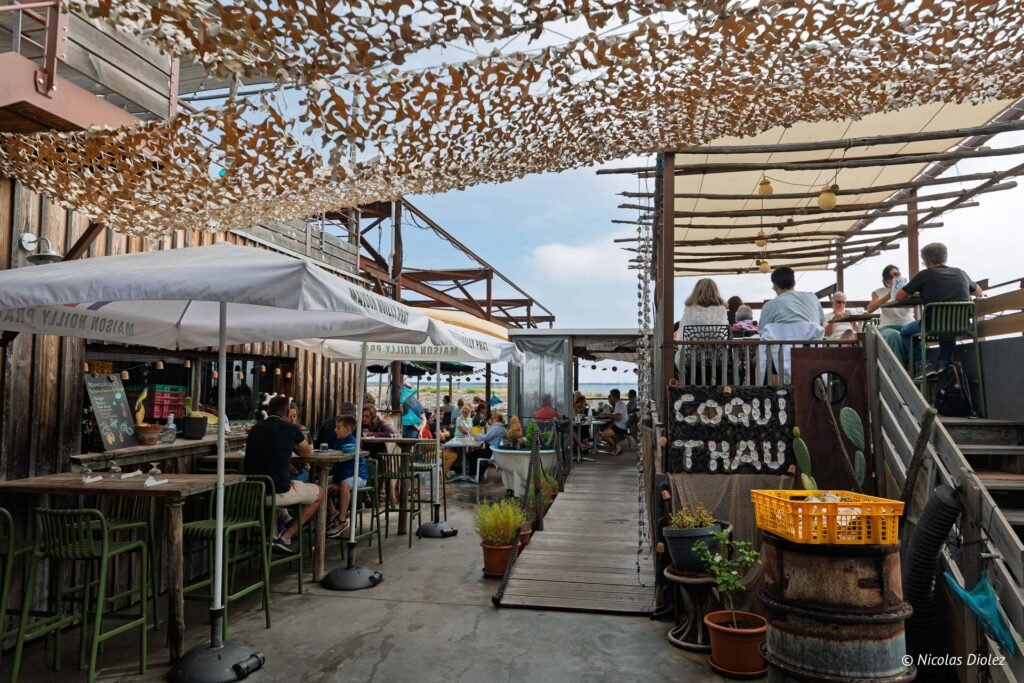 Terrasse du restaurant Coqui Thau à Mèze, avec clients attablés sous une pergola au bord de l'étang.