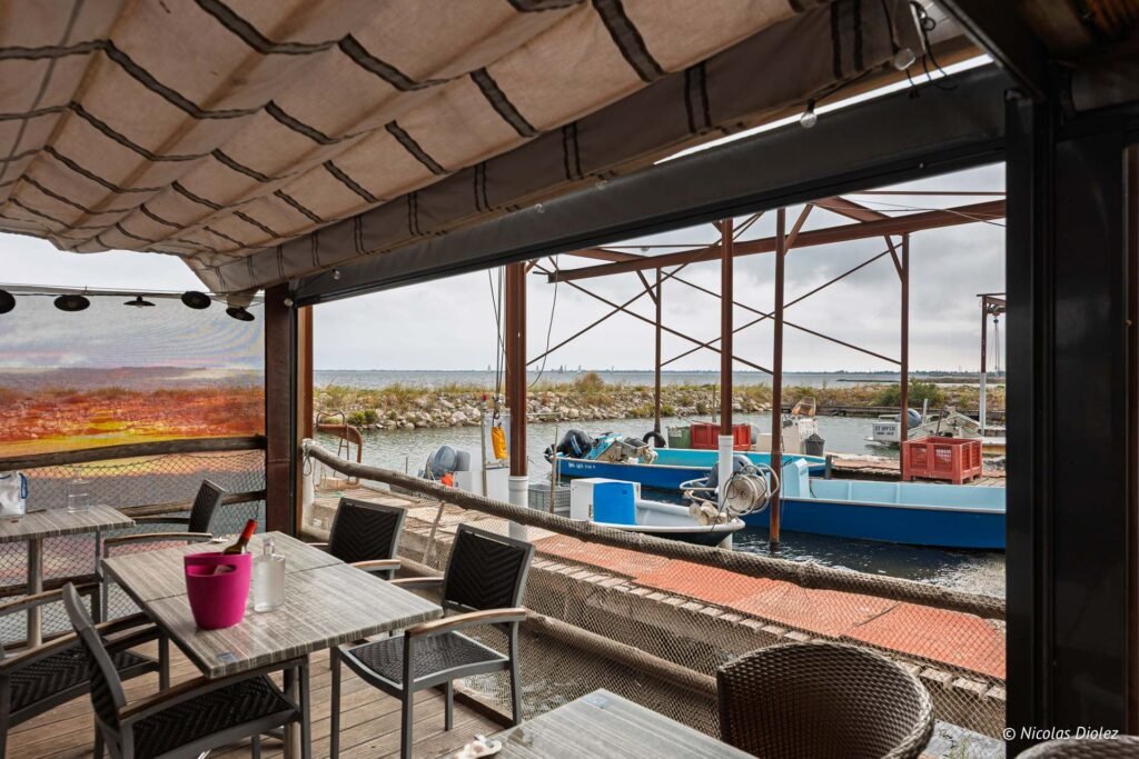 Terrasse du restaurant Coqui Thau surplombant le port de pêche et ses bateaux sur l'étang de Thau.