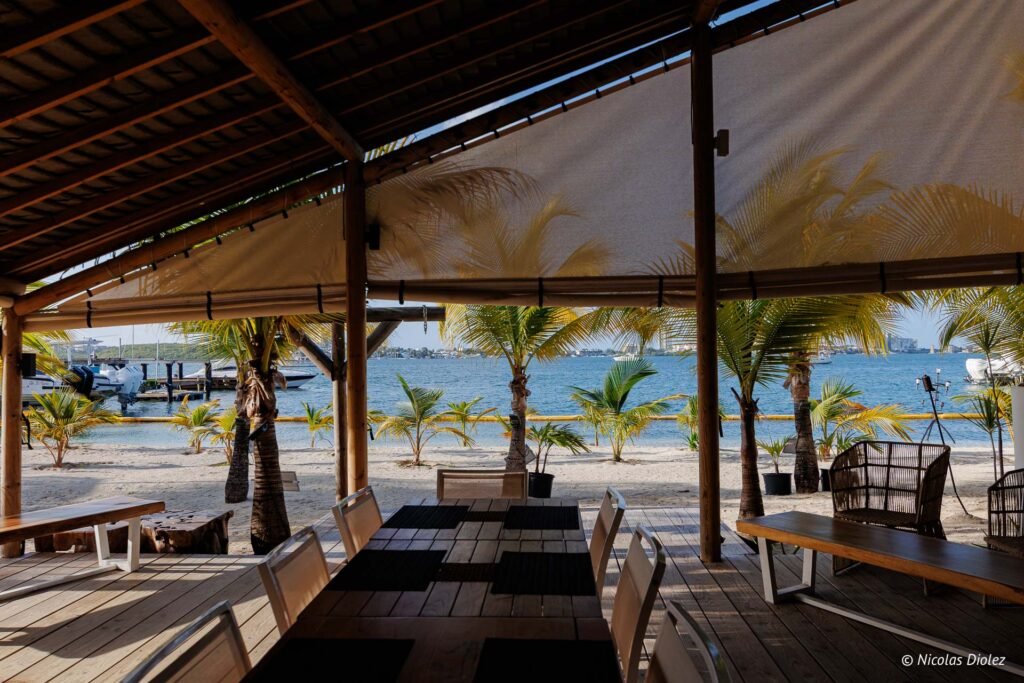 Terrasse couverte d'un restaurant de plage à Saint-Martin avec vue sur la mer, les palmiers et les bateaux.