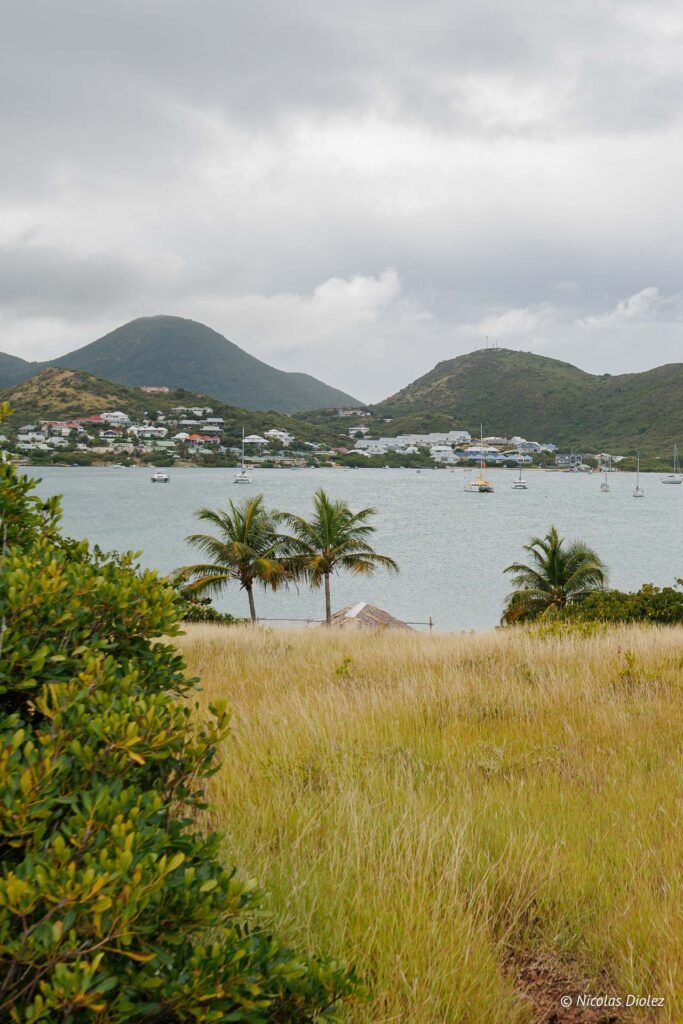 Paysage tropical à l'Îlet Pinel avec une mer calme, des bateaux, des palmiers et des collines verdoyantes.