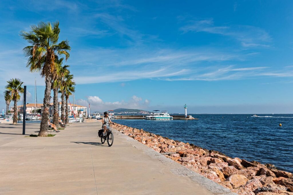Cycliste sur le port de Mèze, avec vue sur l'étang de Thau, sous un ciel ensoleillé.