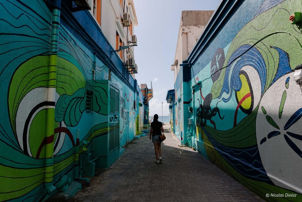 Piétonne marchant dans une ruelle étroite aux murs ornés de fresques murales colorées à Saint-Martin.