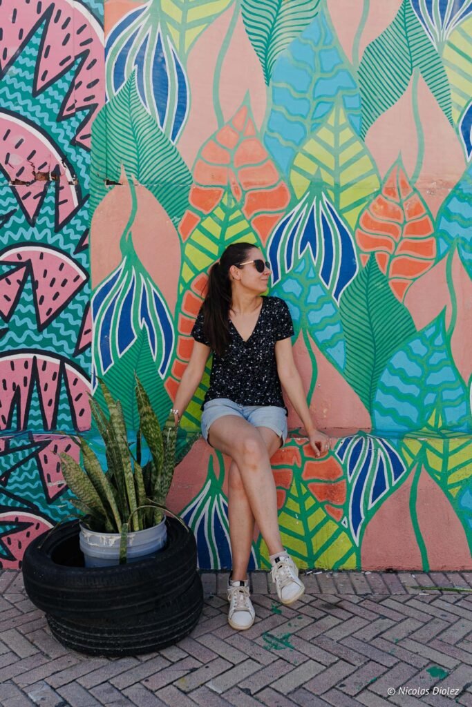 Femme posant devant une grande fresque murale colorée représentant des motifs de feuilles à Saint-Martin.