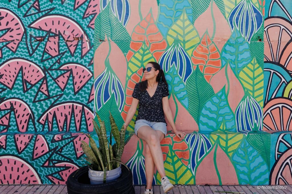 Femme assise souriant devant une grande fresque murale colorée représentant des feuilles et des fruits à Saint-Martin.