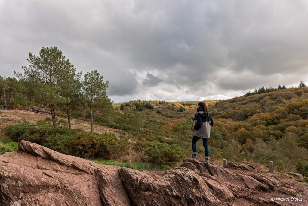 Visite contée à Brocéliande : randonneuse admirant le paysage boisé et vallonné sous un ciel nuageux.